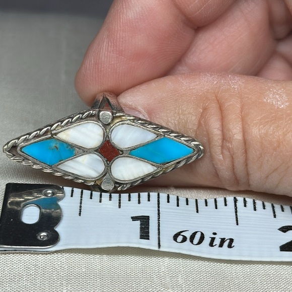 Vintage Zuni Native 4 Turquoise Pointed MOP Mother of Pearl, Coral Silver Ring - Picture 6 of 7